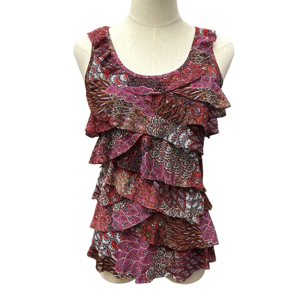 Riley + James Women’s Small Ruffle Tiered Mesh Fun Paisley Sleeveless Boho Top